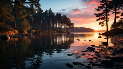 Wall Mural - A twilight scene by a secluded forest lake, the last light of day casting a soft glow on the water a