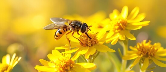 Poster - Macro close-up of a beautiful bee on a vibrant yellow flower in a botanical garden