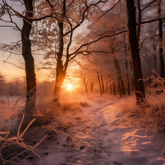 Wall Mural - winter forest with sun rays