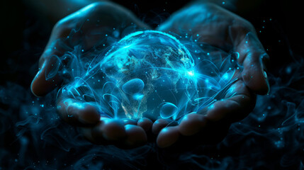 Wall Mural - hands cradling tech digital world