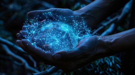 Wall Mural - hands cradling tech digital world