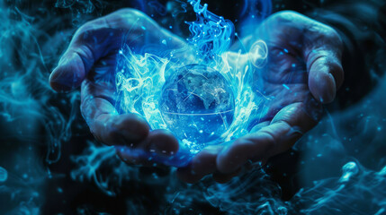 Wall Mural - hands cradling tech digital world