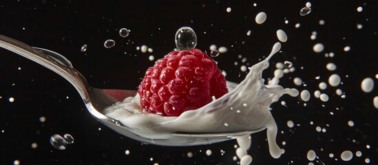 Wall Mural - Close-up of a spoon filled with nutritious milk and a tempting red ice cream