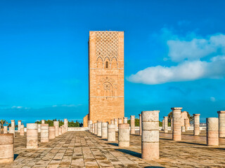 Wall Mural - Scenic view of Hassan Tower or Tour Hassan , the minaret of an incomplete mosque in Rabat, Morocco.