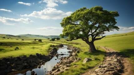 Wall Mural - A lone tree standing sentinel beside a rural pathway, the surrounding fields a lush green, the quiet