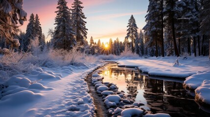 Wall Mural - A twilight scene in a winter forest, the blue hue of the snow contrasting with the warm glow of the