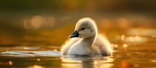 Graceful Baby Swan Swimming Peacefully In Tranquil Lake Under The Sunlight