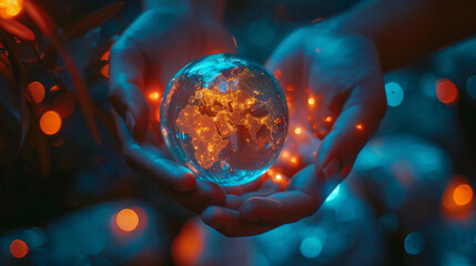 Wall Mural - hands holding illuminated globe