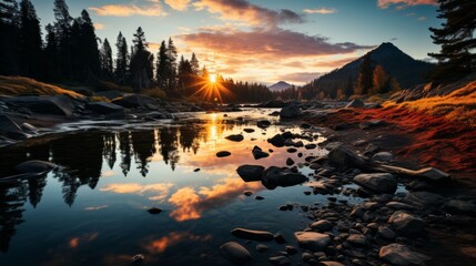 Wall Mural - A serene alpine lake at sunset, the sky ablaze with colors, the silhouettes of pine trees framing th