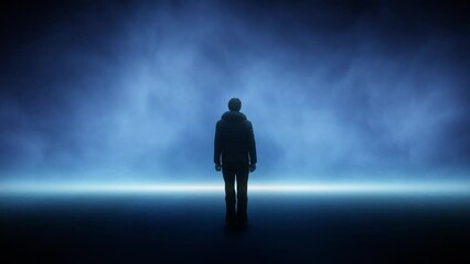 Wall Mural - black silhouette of a man standing alone on dark blue foggy road loop background.
