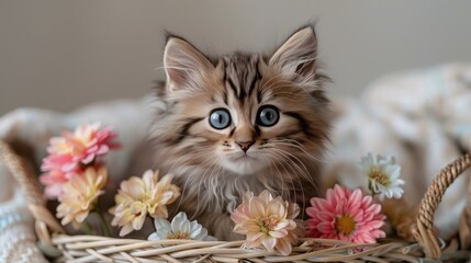 Canvas Print - A cute and fluffy kitten with big blue eyes sitting in a basket filled with pastel-colored flowers