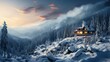 A lone cabin nestled in a snowy mountain forest, smoke rising from the chimney, peaceful and isolate