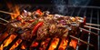 Stick of meat chicken pork bbq grilled kebab skewers  food barbecued with flame fire decoration scene