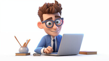3d cartoon man with a blue suit, black necktie with a glass and laptop isolated in a white backgroun