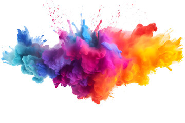 A vibrant eruption of mixed rainbow powder, isolated on a white backdrop.