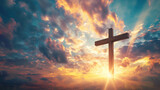 Fototapeta  - Wooden Cross of Christ Beneath Detailed Sky