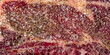Beef steak raw meat with spices close up background, texture. Cooking beef steak slice for restaurant, menu, advert for package, selective focus