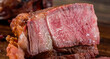 Beef Meat Grilled Steak sliced on wooden board. Homemade cooking beef steak for restaurant, menu, advert or package, close up, selective focus