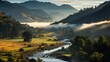 A serene mountain valley at dawn, mist rising from the meadows, rugged peaks in the background bathe