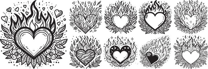 Wall Mural - burning hearts decorated with floral motifs laser cutting engraving
