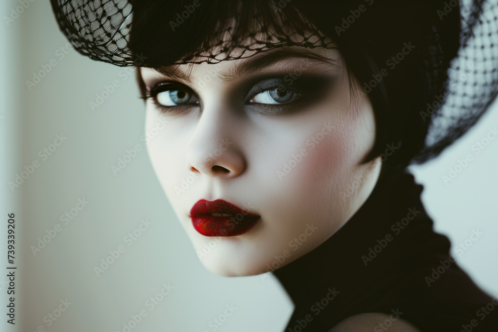 Elegant Vintage-Inspired Portrait of Woman with Netted Hat and Red Lips ...