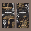 Two labels with parasol mushroom and enokitake mushroom sketch on black. Edible mushrooms series.