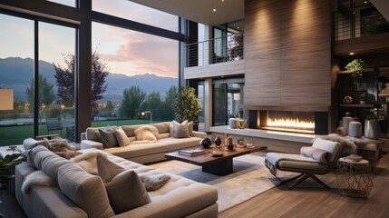 Wall Mural - Modern luxury living room interior design with fireplace and large windows