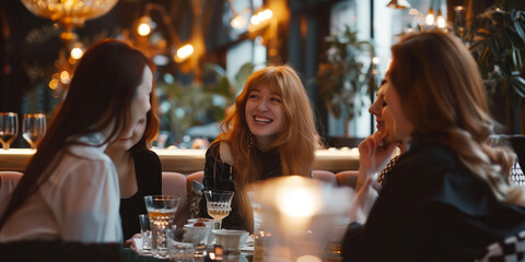 Wall Mural - group of young woman in cafe or bar talking and smiling