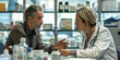 young blonde woman pharmacist helps the customer by recommending medicine in the pharmacy