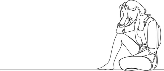 Wall Mural - continuous single line drawing of stressed woman sitting on floor holding her head, line art vector illustration