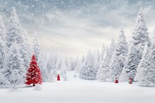 Snowy Forest With A Red Christmas Tree