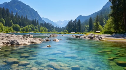  The crystal clear river flows through the valley