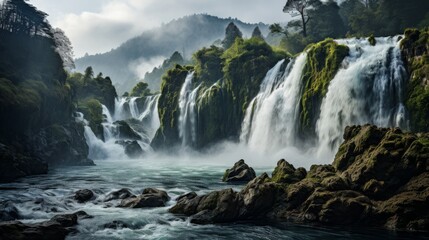 Wall Mural - A majestic waterfall cascading down a rocky cliff, mist rising from the thunderous water, the surrou