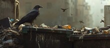 A Beautiful Bird Perched On Top Of A Dirty Trash Bin In The Urban Environment