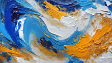 Abstract Blue And Yellow Brush Strokes Of Oil Paint On Canvas	