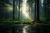 Fototapeta Natura - Sunlight in the morning green misty European forest made with generative AI