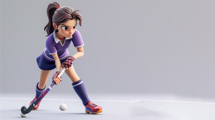 A woman cartoon field hockey player in purple jersey with a stick