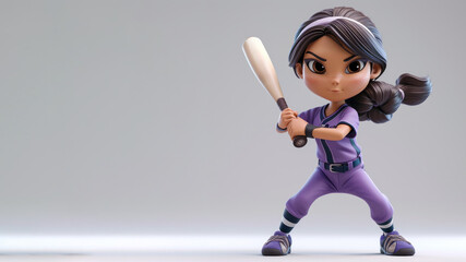 Wall Mural - A woman cartoon baseball player in purple jersey with equipment