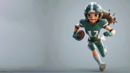Wall Mural - A woman cartoon american football player in green jersey isolated on gray