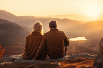 Wall Mural - Elderly happy couple enjoying life together admiting sunset in mountains Generative AI technology picture image