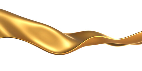 3d gold liquid wave, golden fluid silk ribbon isolated on light background. Render of luxury cloth or curtain with wavy folds and shiny gradient effect flying in motion. 3d vector motion background