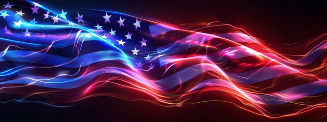 Futuristic 3D-rendered U.S. flag composed of vibrant neon lights, symbolizing a modern and innovative take on national pride. Concept of patriotism, digital art, and futuristic design.
