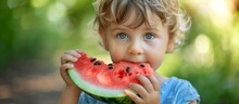 Adorable Little Boy Smiling While Enjoying A Delicious Slice Of Juicy Watermelon Outdoors On A Sunny Day