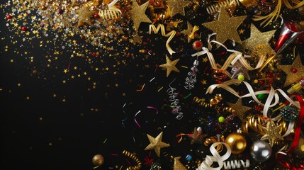 Poster - Gold and silver Christmas decorations on black background