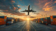 An airplane flies low over a runway lined with cargo containers at sunrise, showcasing the hustle of air freight.