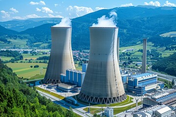 nuclear power industry plant with smoke stacks