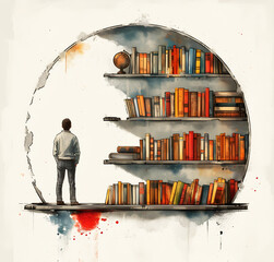 Wall Mural - Illustration of a person standing in a library. Library Graphics