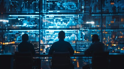 Systems engineers in a high-tech control room meeting to discuss the integration of new software into existing infrastructure.