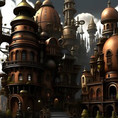  a futuristic cityscape with a steampunk twist, featuring elaborate machinery, gears, and Victorian-style architecture.