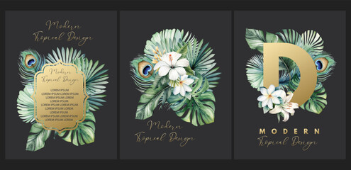 Wall Mural - Floral vector watercolor frames and bouquets of tropical peacock feathers, leaves and flowers for greeting or invitation